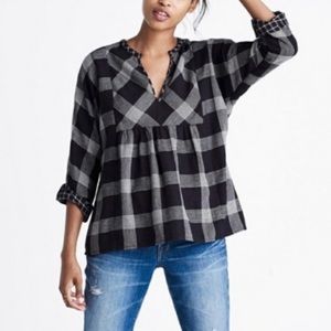Madewell Plaid Fannel Babydoll Peplum Blouse Women’s Size Small Black and White